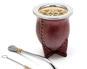 BALIBETOV Premium Collection - Juego de calabazas de yerba mate hechas a mano seleccionadas - Envueltas en cuero genuino (El Camionero)