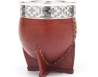 The Brown Colonia Mate Gourd Set - Stainless Steel Mate Cup Lined with Leather and Nickel Silver Rim