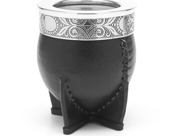 The Black Colonia Mate Gourd Set - Stainless Steel Mate Cup Lined with Leather and Nickel Silver Rim