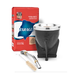 Argentinian Mate Gourd, Calebasse Mate with Stainless Steel Bombilla I 250g Yerba Mate Included Black Vaqueta