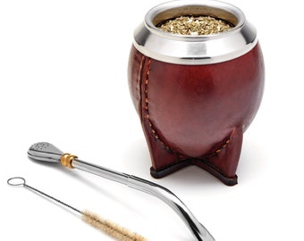 Premium Leather Mate Cup I The Torpedo Argentinian Mate Gourd I Bombilla & Cleaning Brush Included
