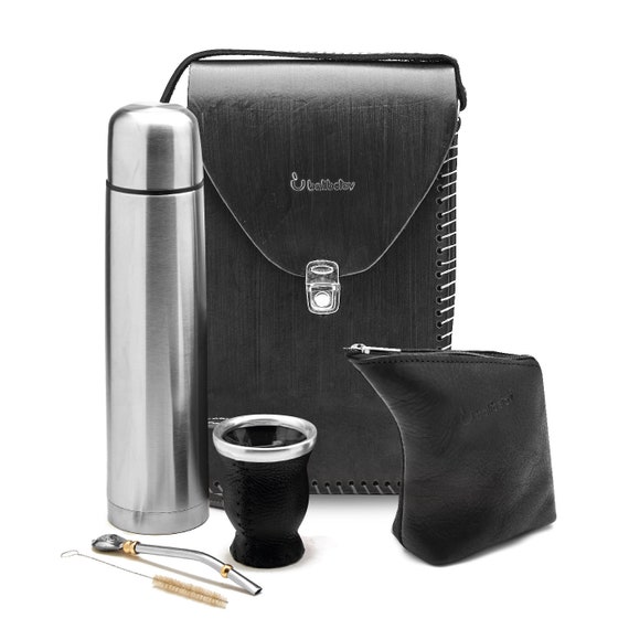 BALIBETOV Complete Yerba Mate Set - Modern Mate Gourd, Thermos, Yerba  Container, Two Bombillas and Cleaning Brush Included BLACK PREMIUM 