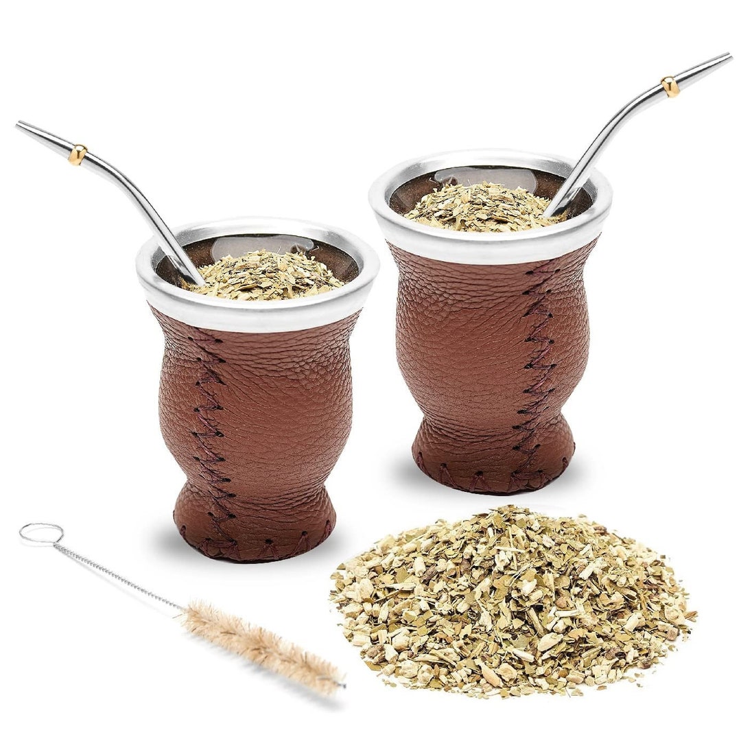 Leather & Glass Yerba Mate Gourd Set Argentinian Mate Cup for Two brown