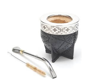 The Black Salvador Imperial I Mate Gourd Set, Leather Mate Cup , Argentinian Mate, Imperial , Calebasse Mate , Yerba Mate Gourd Leather