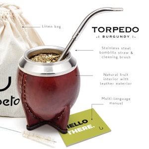 Premium Leather Mate Cup I The Torpedo Argentinian Mate Gourd I Bombilla & Cleaning Brush Included image 2