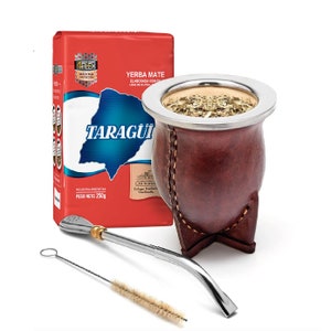 Argentinian Mate Gourd, Calebasse Mate with Stainless Steel Bombilla I 250g Yerba Mate Included Brown Camionero