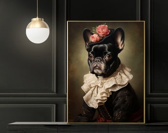 Victorian Animal Portrait, Royal Pet Painting, French Bulldog Gifts, Baroque Wall Art, Dog Head Human Body, Gothic Decor, Frenchie Gifts