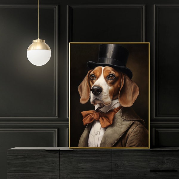 Portrait d'animal victorien, peinture royale d'animal de compagnie, cadeaux beagle, impression beagle, art mural baroque, tête de chien corps humain, décoration gothique, gravures gothiques