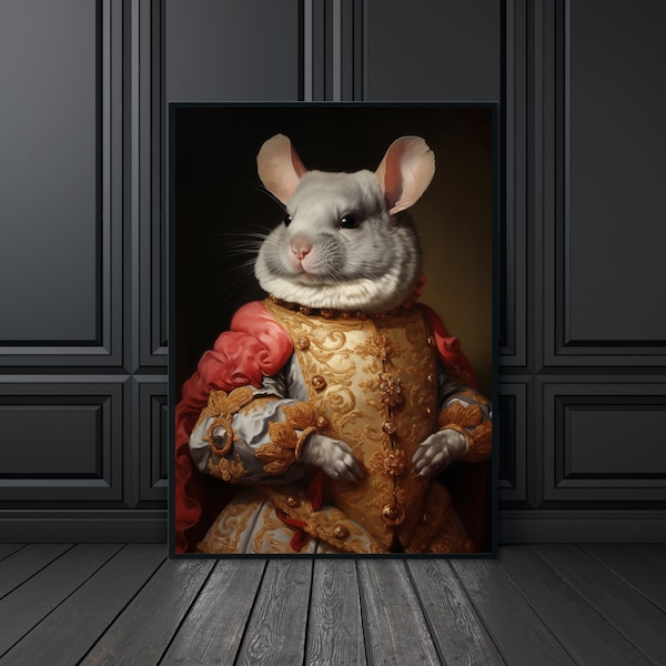 Chinchilla Vintage Portrait, Renaissance Animal Painting, Funny Animal Wall Art, Animal Head Human Body, Chinchilla Print, Chinchilla Decor