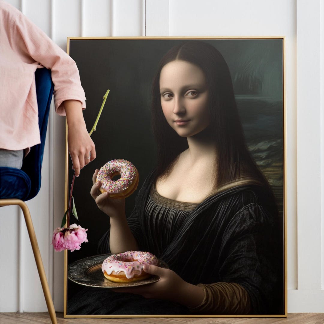 Mona Lisa Altered Art, Mona Lisa Eating Donuts, Quirky Kitchen Prints ...