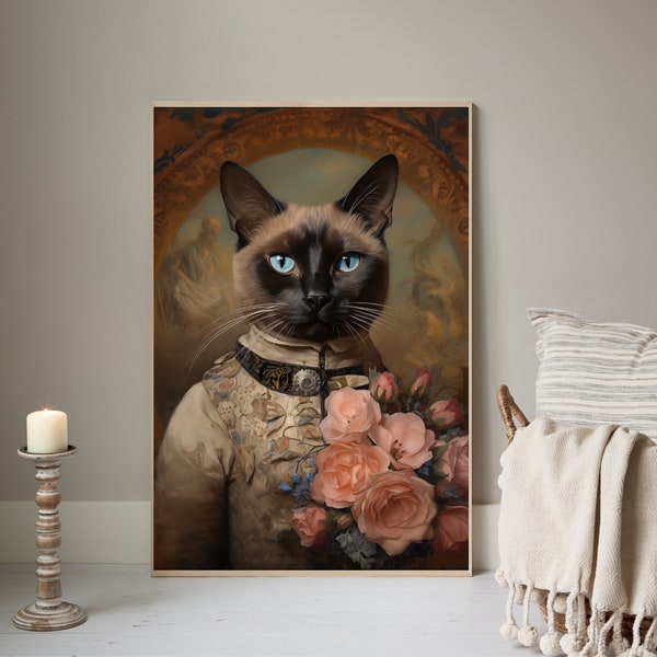 Siamese Cat Print, Siamese Cat, Renaissance Cat Painting, Funny Animal Wall Art, Pet Royal Portrait, Siamese Cat Mug, Siamese Cats, Cat Art