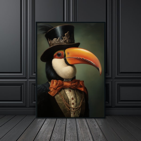Renaissance Toucan Painting, Funny Animal Wall Art, Animal Head Human Body, Quirky Animal Art, Toucan Painting, Unique Art, Bird Decor