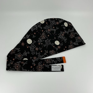 Galaxy night sky Moon Spooky Halloween Pixie Scrub Cap RN surgical cap OR ICU Nursing cap black Cotton Adjustable Ties Elastic band rust fun