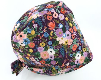 Floral women’s Pixie Scrub Cap OR ICU Nurse Doctor Dr Surgical Hat Tech Preshrunk Cotton Elastic Band PREWASHED Rifle Paper Co plum