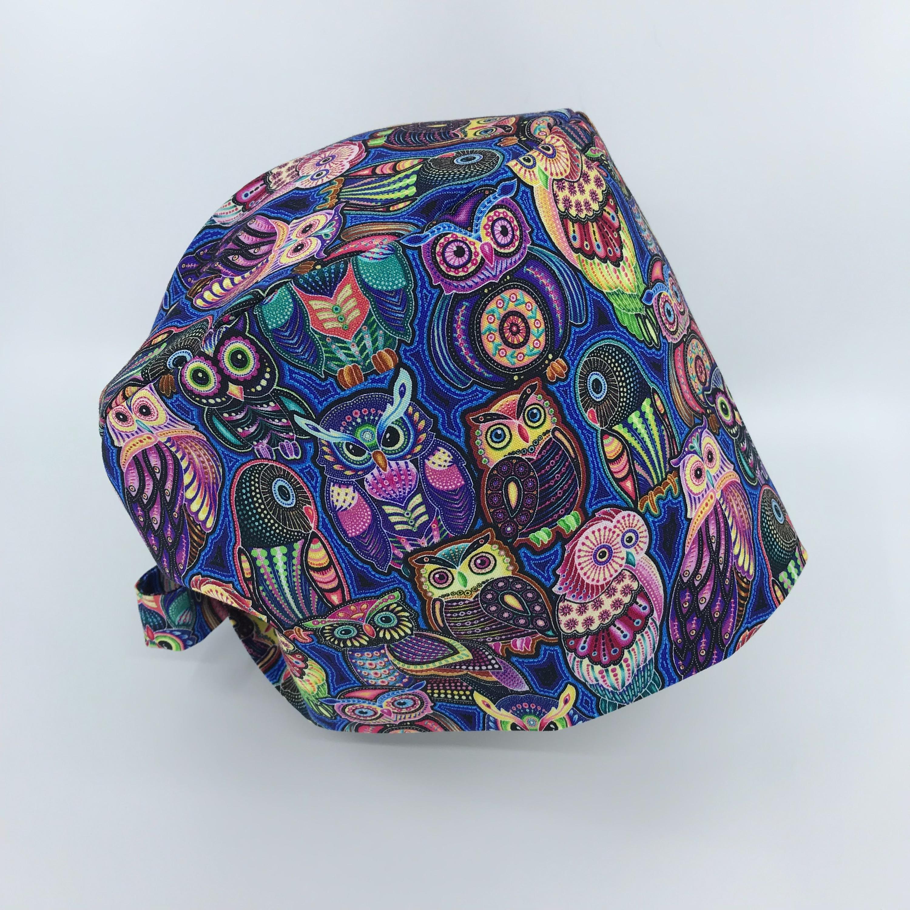 Colorful Abstract Owls-Scrub cap made from 100% preshrunk designer cotton fabric with back ties, adj