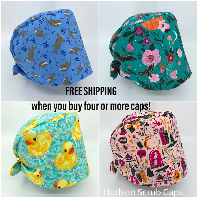 Rifle Paper Holiday Lights Preshrunk Cotton Scrub Cap Surgical Hat Back Ties Elastic Band OR Staff Nurse Doctor Tech Vet Cap Dentist Navy RN image 10