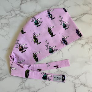 Witchy vibes Magic potion spooky Mystical scrub cap surgical hat nurses doctors OR ICU dental vet tech back ties elastic band cotton fun