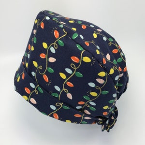 Rifle Paper Holiday Lights Preshrunk Cotton Scrub Cap Surgical Hat Back Ties Elastic Band OR Staff Nurse Doctor Tech Vet Cap Dentist Navy RN image 3