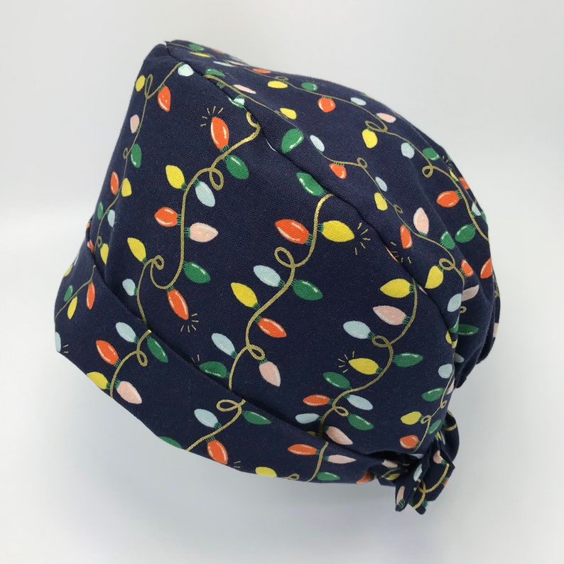 Rifle Paper Holiday Lights Preshrunk Cotton Scrub Cap Surgical Hat Back Ties Elastic Band OR Staff Nurse Doctor Tech Vet Cap Dentist Navy RN image 3