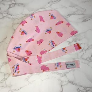 Capybara cute pink animal Pixie surgical scrub hat womens nursing cap OR CRNA ICU surgery doctor back ties elastic band washed cotton tech