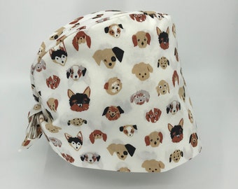 Dog Faces Cute Animal Pixie Scrub Cap OR ICU Nurse Doctor Surgical Tech Hat Preshrunk Premium ORGANIC Cotton Adjustable Back Ties Tan Brown