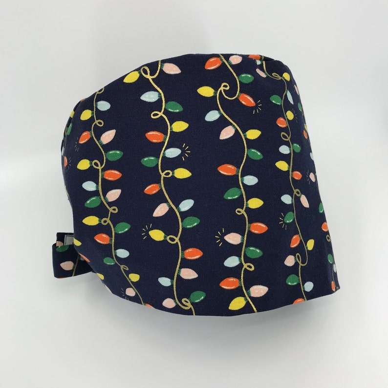 Rifle Paper Holiday Lights Preshrunk Cotton Scrub Cap Surgical Hat Back Ties Elastic Band OR Staff Nurse Doctor Tech Vet Cap Dentist Navy RN image 1
