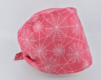 Spider webs pink spooky Halloween Fall Pixie Scrub Cap OR ICU Nurse Doctor Dr Surgical Hat CRNA Cotton Elastic Band back ties long hair fun