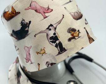 Farm Animals Yoga Cow Horse Pig Duck Chicken Goat Sheep Back Tie Pixie Scrub Cap Surgical Hat Woman Man Preshrunk Back Ties Elastic Cotton