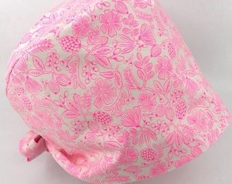 Rifle paper Co Neon pink pretty floral surgical scrub cap nursing hat doctor dentist vet tech soft cotton tie-back adjustable spring moxie