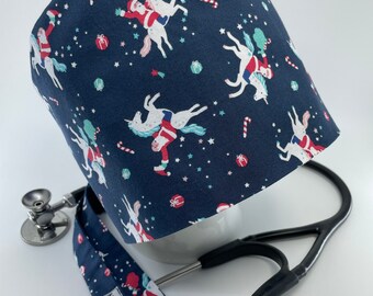 Santa Riding Unicorn Preshrunk Cotton Christmas Scrub Cap Surgical Hat BackTies Elastic Band OR Staff Nurse Doctor Tech Vet Cap Dentist Blue