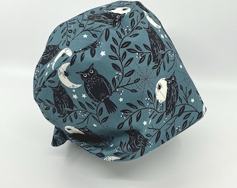 Owl moon spooky halloween surgical scrub cap from preshrunk cotton with back ties and elastic nursing rncaps crna vetmed spiders gray mystic