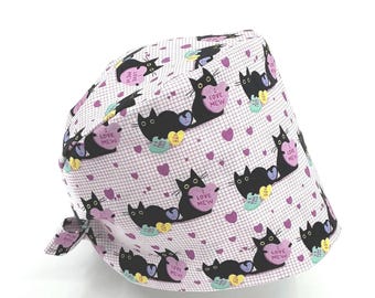 Cats Candy Hearts cute animal Pixie style scrub cap with back ties, elastic band, and PREWASHED cotton fabric Valentine’s Day scrubs ICU OR