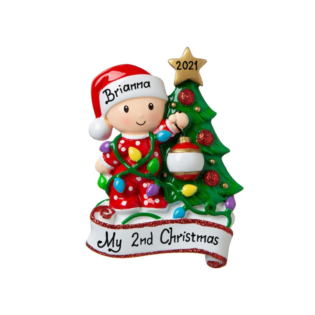 Personalized Baby Decorating a Tree red Christmas Ornament Baby in Red With Christmas Tree Baby