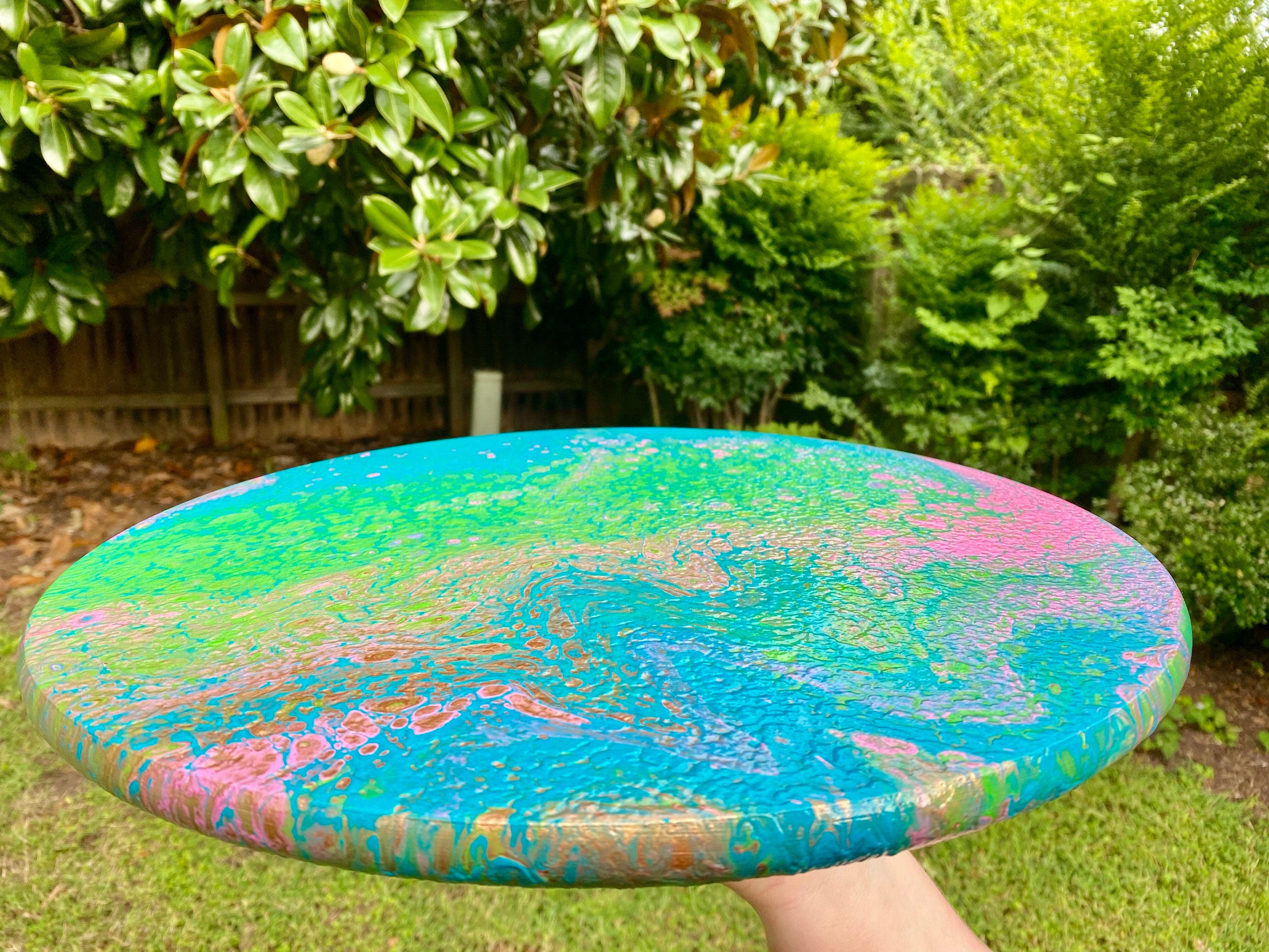 Acrylic Paint Poured 15in Lazy Susan Colors Used Were Blue, Green, Pink