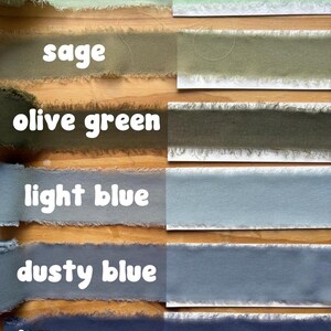 May include: A selection of fabric ribbons in various colors, including mint, sage, olive green, light blue, dusty blue, and navy. Each ribbon has a frayed edge and is labeled with its corresponding color name in white text.