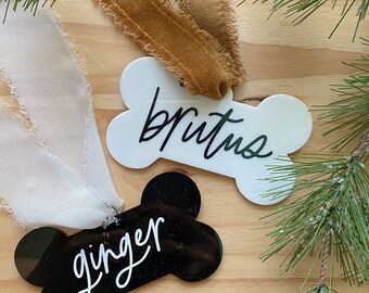 Custom Dog Bone Ornament | Black, White Acrylic | gift for dog mom, gift for dog lovers