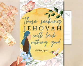 JW Year Text Postcard | Psalm 34:10 Scripture, Floral Design (4x6)