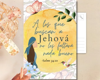 Spanish JW Year Text Postcard | Salmo 34:10 Floral Design