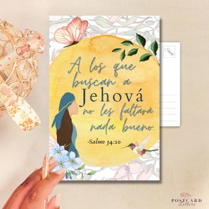 Español JW 2022 Año Texto / Postal/Tarjeta de Felicitación / Salmo 34:10 / A los que buscan a Jehová no les faltará nada bueno.