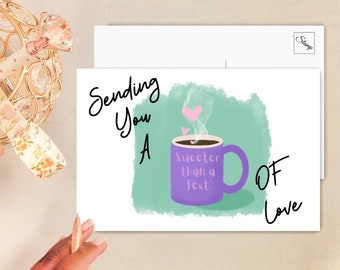 Sending You a Cup of Love Postcard | Purple Coffee Cup Greeting Card