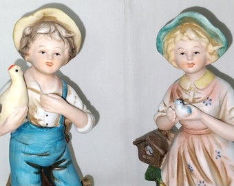 8” Ceramic Farm Boy and Girl – SET of 2 – Vintage HOMCO figurines #8880