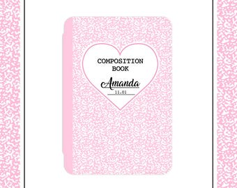 Pink Composition Book Kindle Case, Personalized Cover, Protective with Strap, Magnetic, Gift for Readers