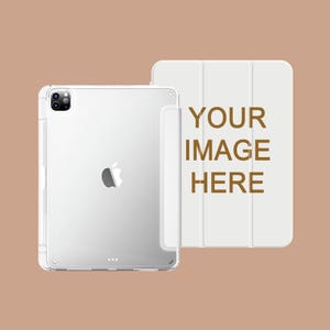 May include: A clear protective case and a white cover for an iPad. The cover has the text "YOUR IMAGE HERE" in brown. The iPad has the Apple logo.