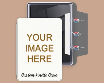 Funda Kindle personalizada con opción de correa de mano, cubierta frontal magnética extraíble y cubierta trasera transparente personalizada.