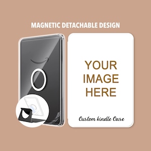 Op de afbeelding: Transparante Kindle-hoes met een magnetisch afneembaar ontwerp. De hoes heeft een witte ringhouder en een zwarte standaard. De tekst "YOUR IMAGE HERE" en "Custom kindle Case" zijn zichtbaar op de witte hoes.
