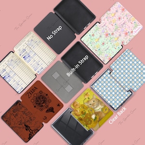 May include: A set of ten different Kindle Paperwhite case designs. The cases feature a variety of patterns and designs, including a vintage book cover, a blue and white gingham pattern, a sunflower and cat painting, a pink and green star pattern, and a Zelda-themed design. The cases are available with or without a built-in strap.