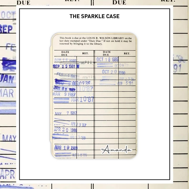 May include: A library card with a blue and white striped design. The card has a section for the date due and a section for the borrower's name. The card is labelled "The Sparkle Case" and has the name "Amanda" written on it.