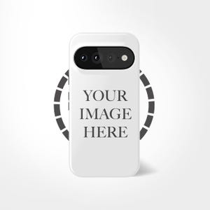 May include: A white smartphone case featuring a horizontal black camera module at the top with multiple lenses and a flash. The center of the case displays the black text YOUR IMAGE HERE, surrounded by a circular dashed border graphic.