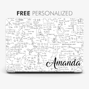 May include: A white laptop skin featuring a black and white design of handwritten mathematical equations and formulas. The name "Amanda" is written in cursive at the bottom of the design.