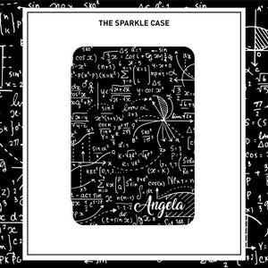 May include: A black phone case featuring a white design of mathematical equations and formulas. The name "Angela" is written in cursive at the bottom of the case.